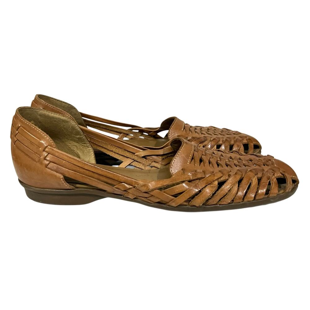 Naturalizer Women’s Huarache Flats Tan Leather Woven Slip On Boho Sandals Sz 8
